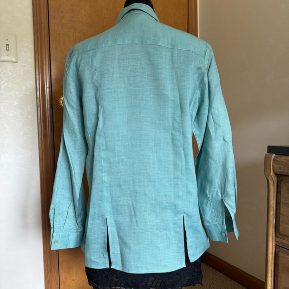 Jordan Vintage Blue Green Teal Linen Button-Down Oversized Shirt Top - Picture 12 of 12